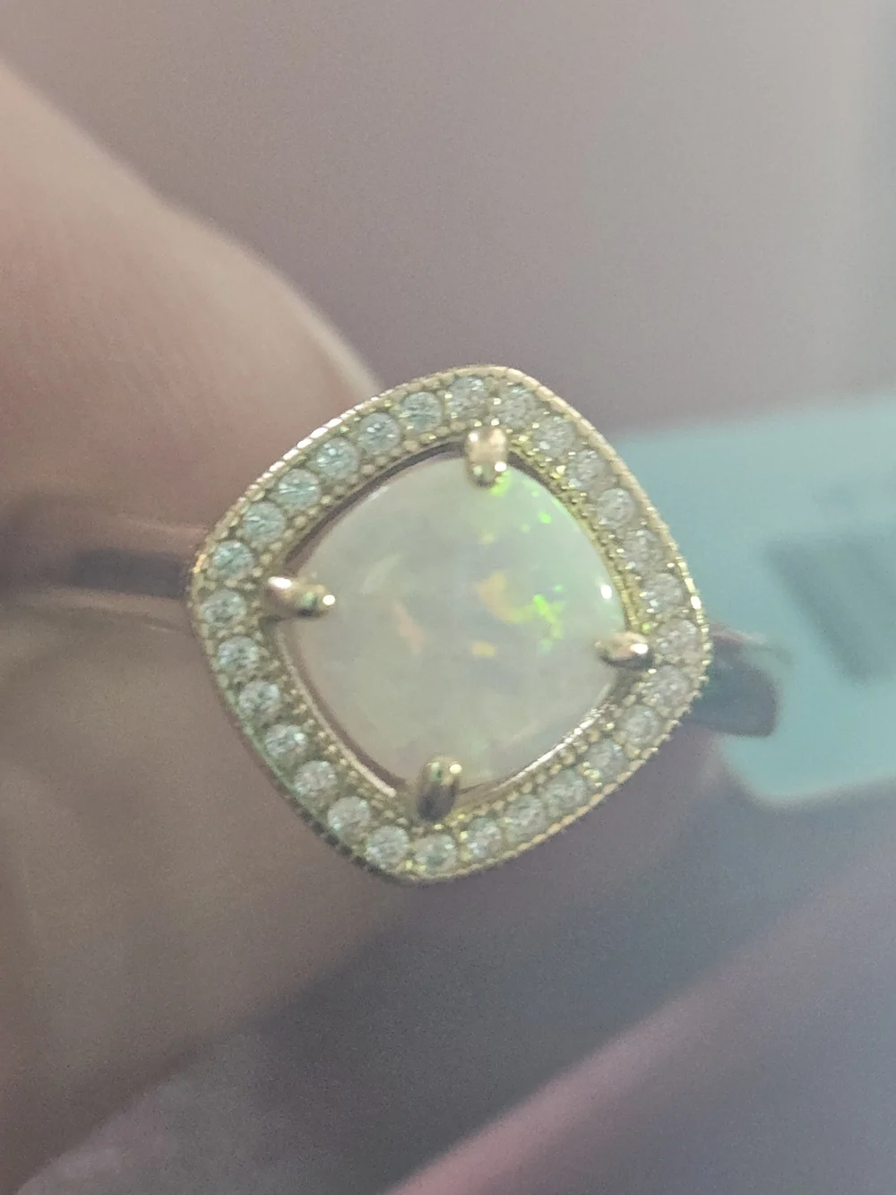 Brand New - 925 Sterling Silver Opal Halo Cocktail Ring in White Opal and Gold 9